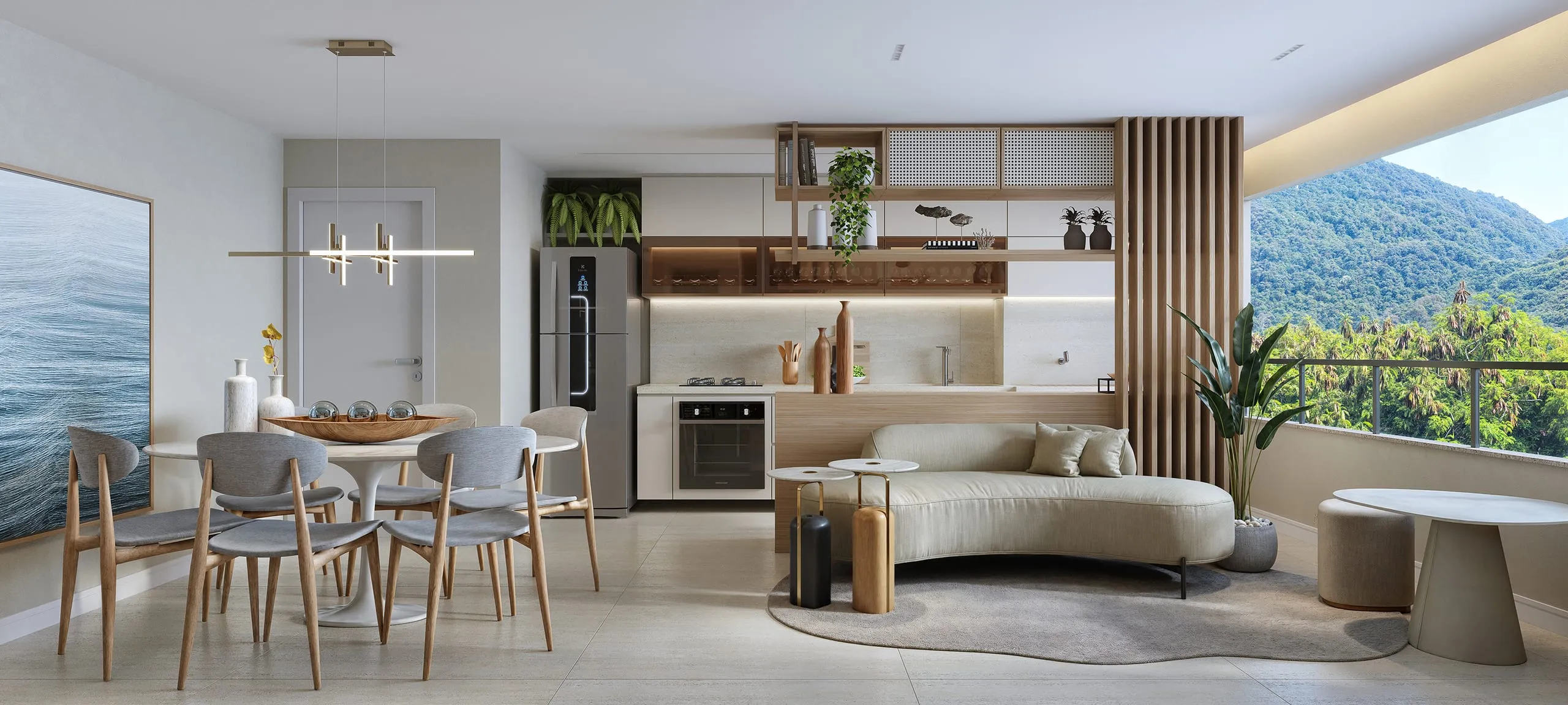 Sala de estar integrada à varanda do apartamento decorado