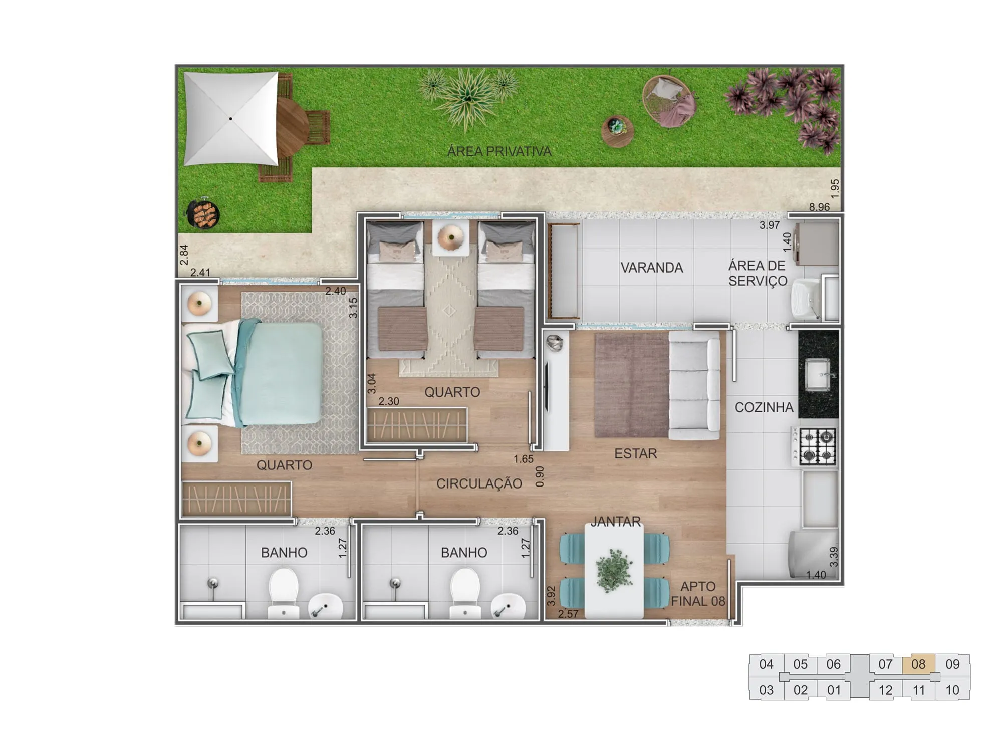 Planta da tipologia Garden, 68 a 78 m², com área externa privativa, suíte, varanda, térreo com mais espaço