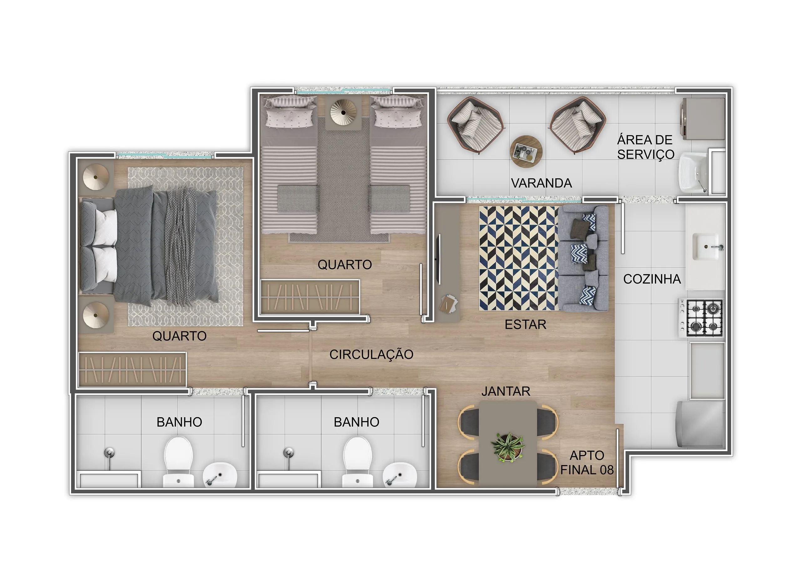 Planta da tipologia 2 quartos, 47 a 52 m², com suíte, varanda, cozinha integrada, vaga de garagem