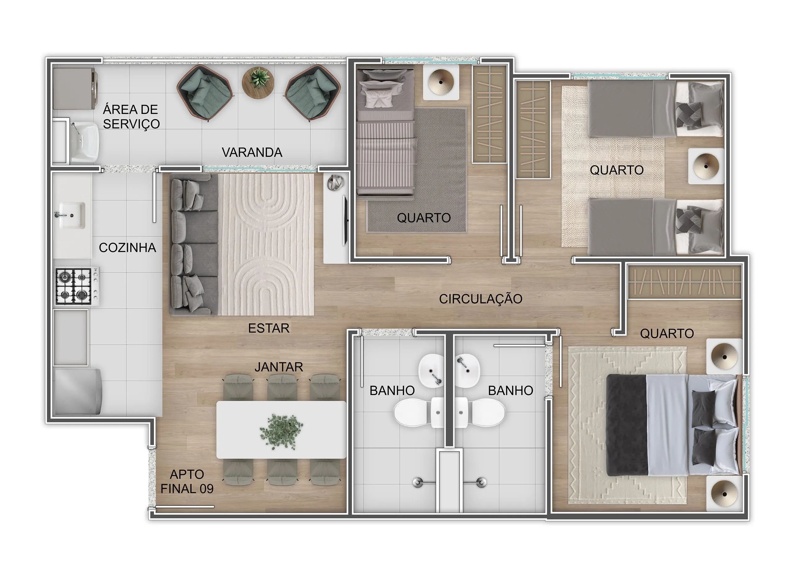 Planta da tipologia 3 quartos, até 58 m², com suíte, varanda, unidade de ponta mais iluminada, vaga de garagem